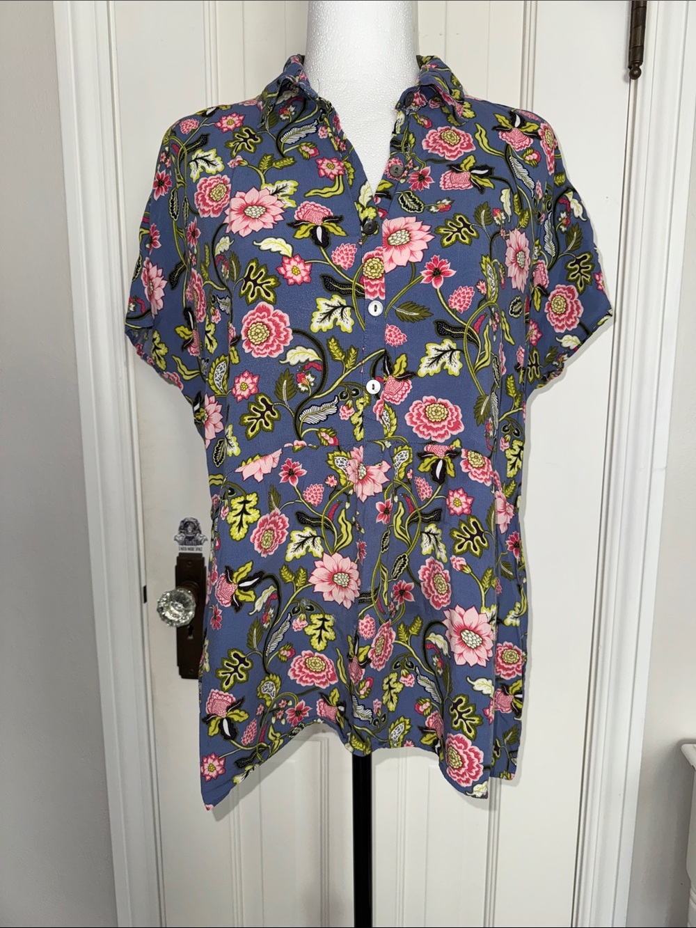 J. Jill Blue Floral Button-Up Blouse with Pink & Green Accents